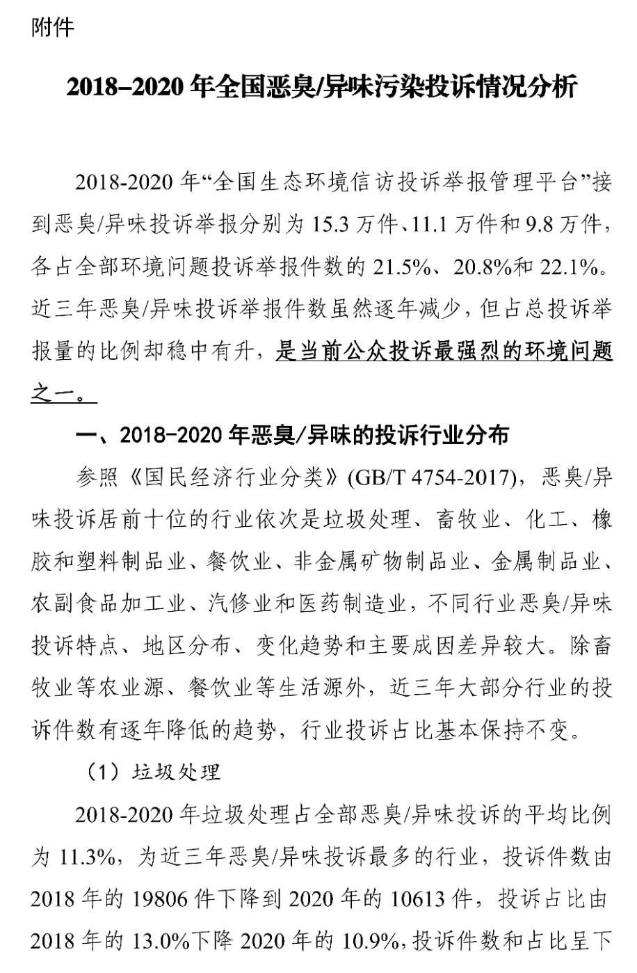 國家生態(tài)環(huán)境部關(guān)于印發(fā)《2018-2020年全國惡臭/異味污染投訴情況分析》報(bào)告